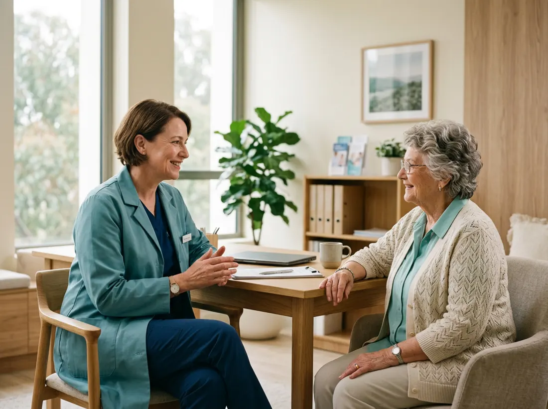 A Medora doctor in a teal coat smiling while talking with an elderly patient