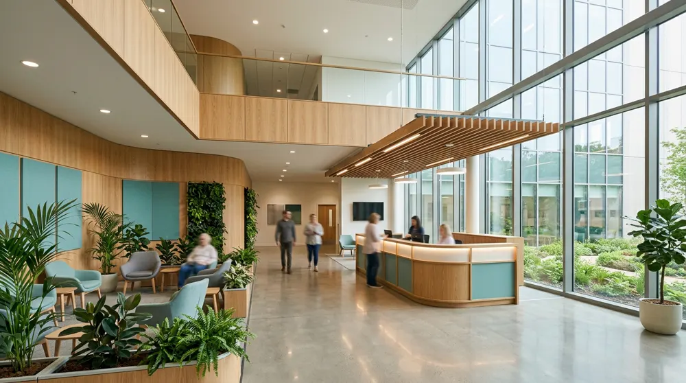 Bright Medora reception lobby with warm wood and plants